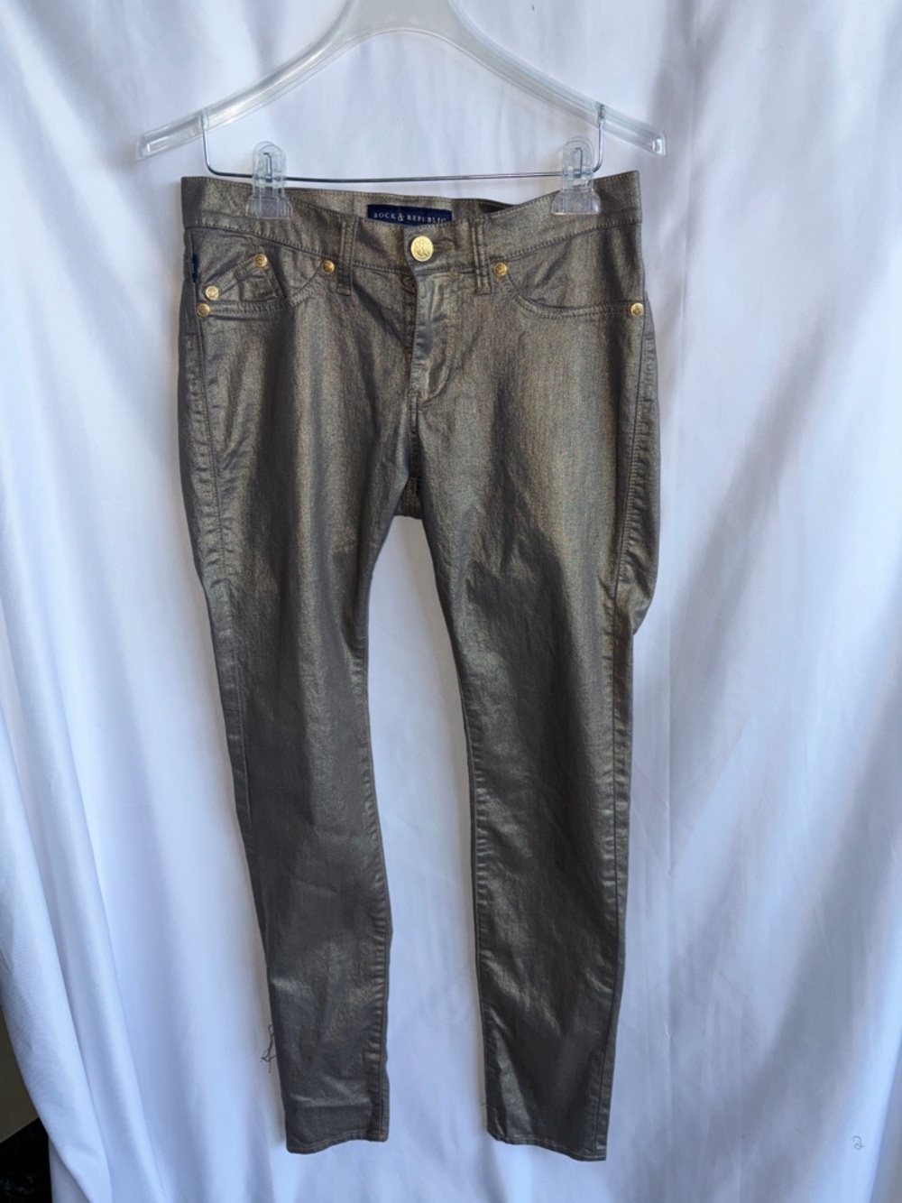 Rock & Republic Jeans, Gold shimmer, sz 8, Kashmere, 9” rise, 30 inseam